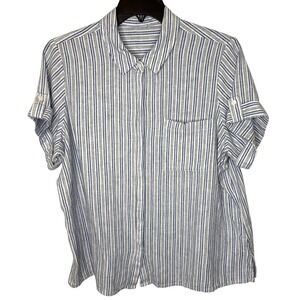 Boxy Linen Blend Button Up Shirt Women's XL Blue‎ Stripe Pocket Coastal Nautical